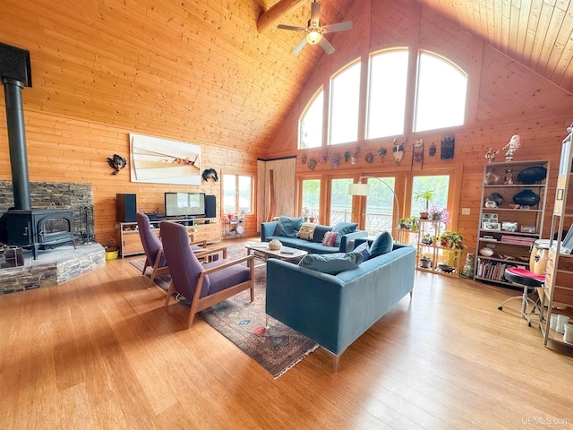 273 N Basin Dr, Negaunee, MI 49866 - living area with high vaulted ceiling, a wood stove, wooden walls, wood ceiling, and wood finished floors