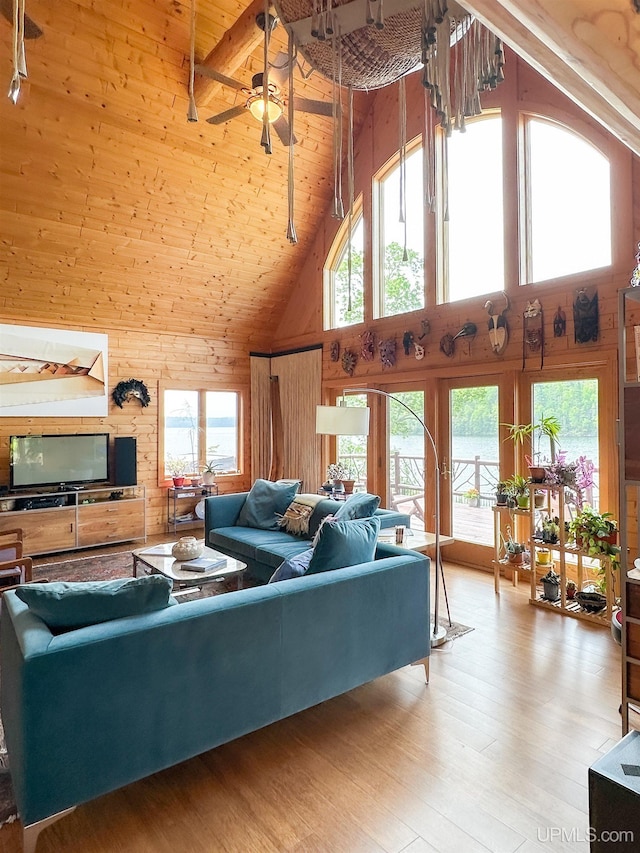 273 N Basin Dr, Negaunee, MI 49866 - living area with high vaulted ceiling, wooden walls, a wooden ceiling with exposed beams, light wood-style flooring, and a ceiling fan