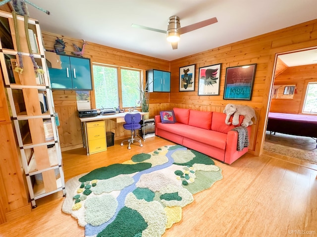 273 N Basin Dr, Negaunee, MI 49866 - office area featuring light wood-style floors, wooden walls, a ceiling fan, and built in study area