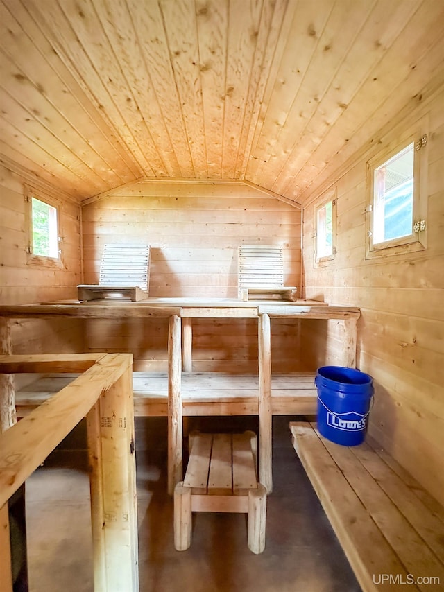 273 N Basin Dr, Negaunee, MI 49866 - sauna / steam room featuring wood walls, wood ceiling, and concrete floors