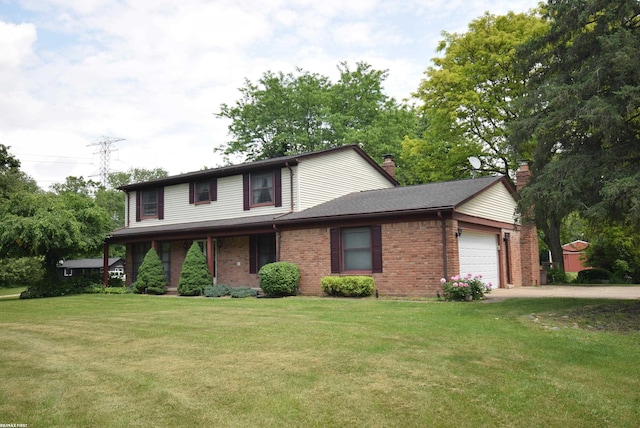 71800 Coon Creek Rd, Armada, MI 48005 - traditional-style house with a garage, a chimney, brick siding, and a front yard