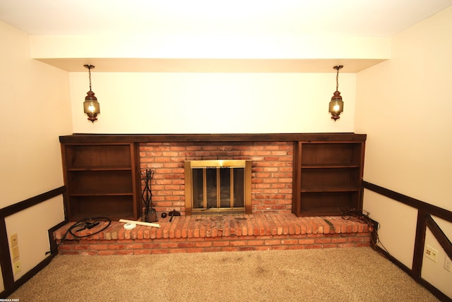 71800 Coon Creek Rd, Armada, MI 48005 - unfurnished living room featuring carpet flooring and a brick fireplace