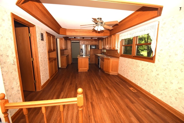71800 Coon Creek Rd, Armada, MI 48005 - kitchen with stainless steel refrigerator with ice dispenser, wallpapered walls, dark wood finished floors, black microwave, and a ceiling fan