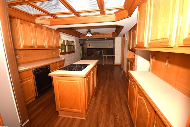 71800 Coon Creek Rd, Armada, MI 48005 - kitchen featuring black appliances, a kitchen island, dark wood-style flooring, light countertops, and a ceiling fan