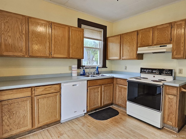 52377 Duncan Ave, Hubbell, MI 49934 - kitchen featuring range with electric stovetop, dishwasher, under cabinet range hood, light wood-type flooring, and ornamental molding