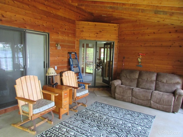 20517 Park Rd, Skanee, MI 49962 - living room with lofted ceiling and wooden walls