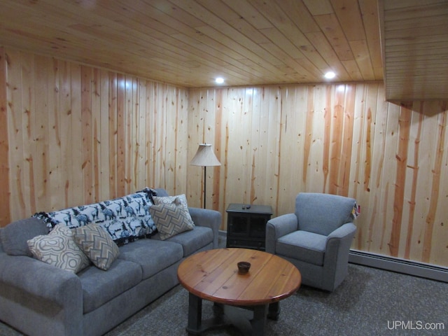 20517 Park Rd, Skanee, MI 49962 - carpeted living room with wood ceiling, a baseboard heating unit, wood walls, and recessed lighting