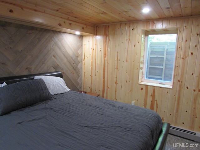 20517 Park Rd, Skanee, MI 49962 - bedroom featuring wooden ceiling, wood walls, and a baseboard radiator