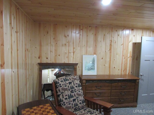 20517 Park Rd, Skanee, MI 49962 - sitting room with wood ceiling, wood walls, and carpet floors