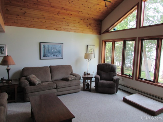 20517 Park Rd, Skanee, MI 49962 - living area with wooden ceiling, carpet flooring, plenty of natural light, a baseboard radiator, and high vaulted ceiling