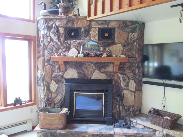 20517 Park Rd, Skanee, MI 49962 - detailed view of baseboard heating and a stone fireplace