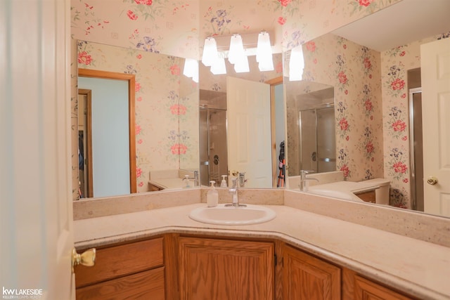 54826 Cambridge Dr, Shelby, MI 48315 - full bath featuring wallpapered walls, a stall shower, and vanity