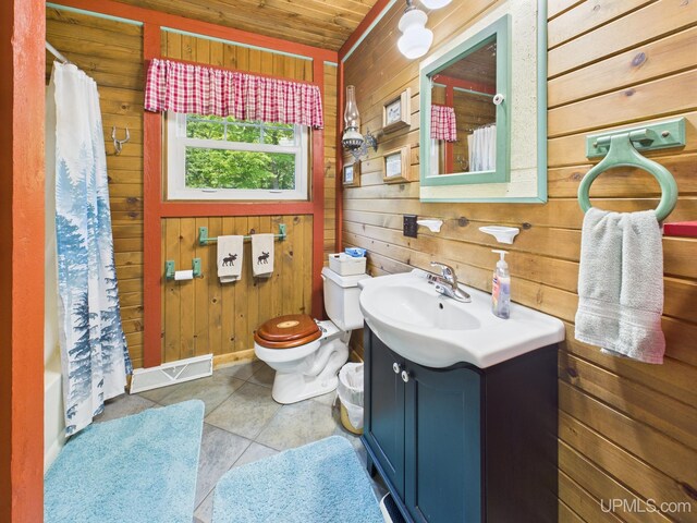 10031 N Ross Lake Rd, Shingleton, MI 49884 - bathroom featuring wood walls, vanity, wood ceiling, tile patterned flooring, and shower / bath combination with curtain
