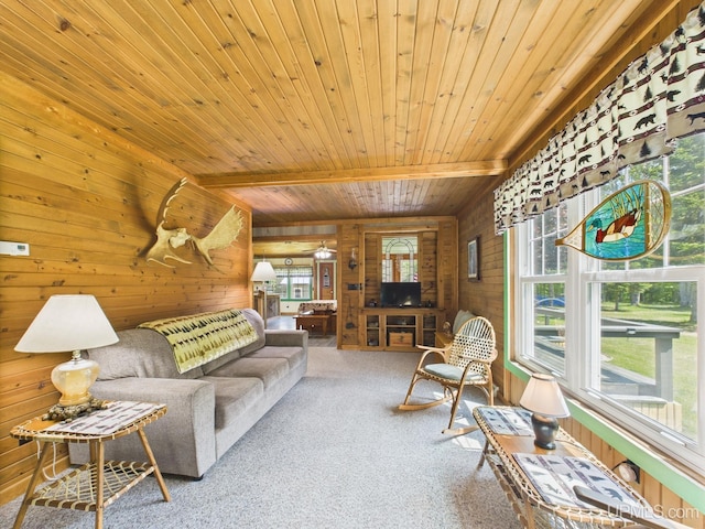 10031 N Ross Lake Rd, Shingleton, MI 49884 - carpeted living area with wood walls, wooden ceiling, and healthy amount of natural light