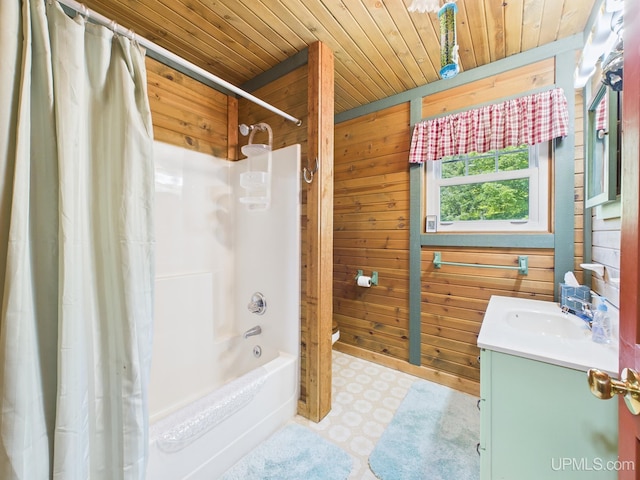 10031 N Ross Lake Rd, Shingleton, MI 49884 - bathroom featuring wooden ceiling, wood walls, vanity, tile patterned floors, and shower / tub combo with curtain
