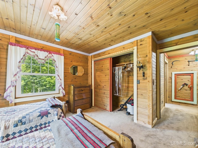 10031 N Ross Lake Rd, Shingleton, MI 49884 - carpeted bedroom featuring wooden walls, wood ceiling, and a closet