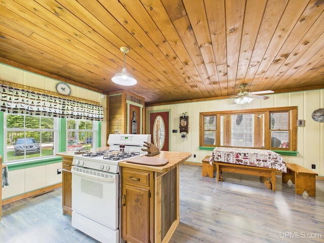 10031 N Ross Lake Rd, Shingleton, MI 49884 - kitchen with white gas range oven, wooden ceiling, light wood-type flooring, wooden walls, and hanging light fixtures