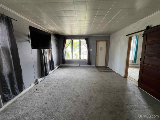 228 Schoolcraft Ave, Manistique, MI 49854 - unfurnished living room with ornamental molding, carpet floors, a baseboard radiator, and a barn door