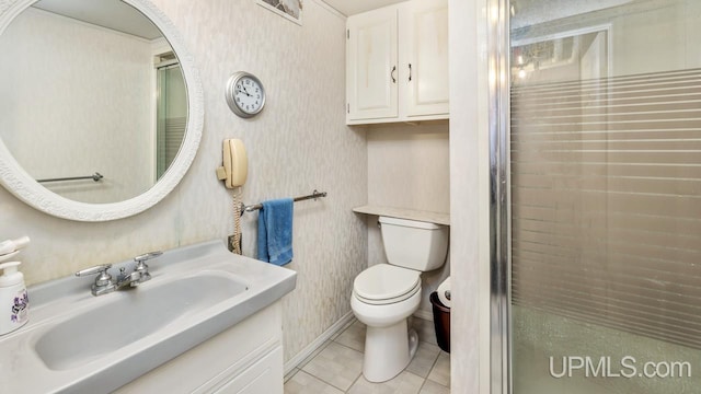 216 Mine St, Norway, MI 49870 - full bathroom featuring a stall shower, vanity, wallpapered walls, and tile patterned flooring