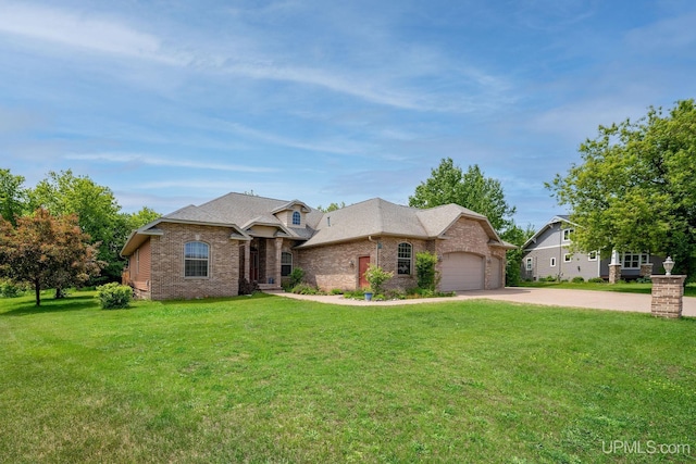 821 Camelot Dr, Negaunee, MI 49866 - view of front of house featuring brick siding, an attached garage, driveway, a front lawn, and roof with shingles