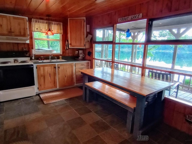 801 W Rd, Harrison, MI 48625 - kitchen featuring white electric range, wood ceiling, and under cabinet range hood
