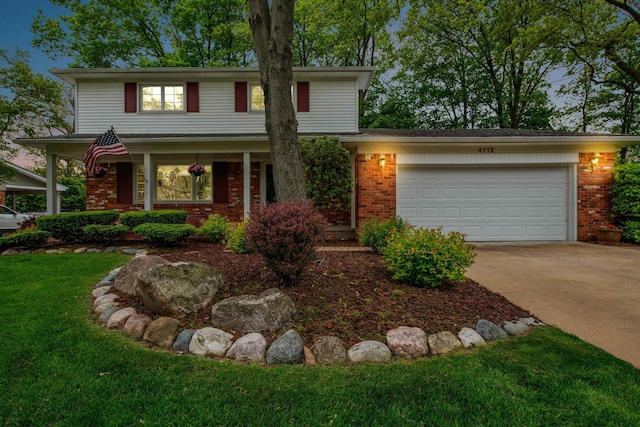 4112 Adams Dr, Shelby Twp, MI 48316 - traditional-style home with brick siding, concrete driveway, an attached garage, a front yard, and a porch