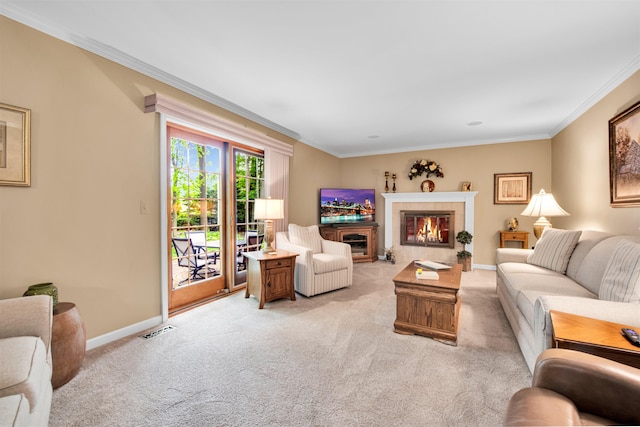 4112 Adams Dr, Shelby Twp, MI 48316 - living room featuring light colored carpet, crown molding, and a tile fireplace