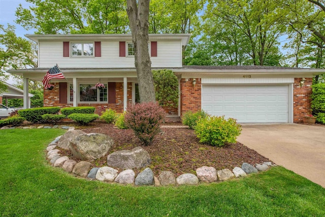 4112 Adams Dr, Shelby Twp, MI 48316 - traditional-style house featuring brick siding, driveway, an attached garage, and a front lawn