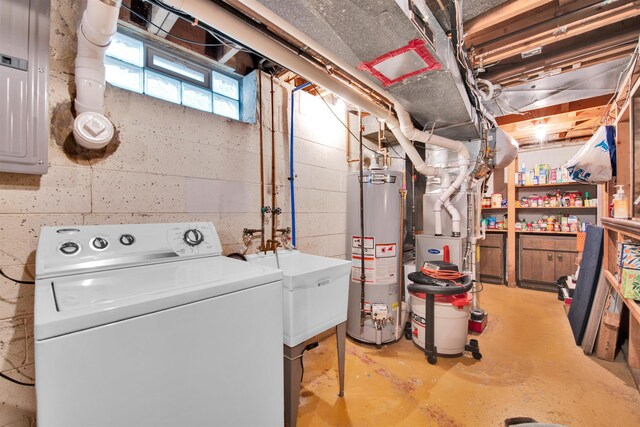 4112 Adams Dr, Shelby Twp, MI 48316 - basement featuring washer / clothes dryer, water heater, electric panel, and heating unit