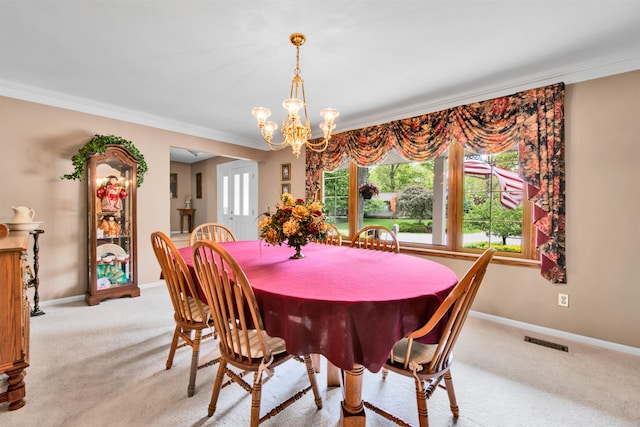 4112 Adams Dr, Shelby Twp, MI 48316 - dining room featuring light carpet, a chandelier, and crown molding