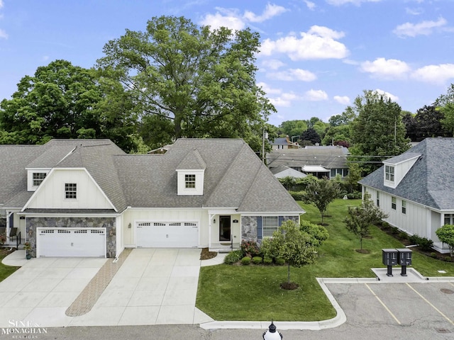 32 River Ln, Grosse Pointe Woods, MI 48236 - view of front of house featuring stone siding, a front yard, a shingled roof, driveway, and board and batten siding