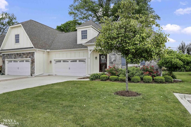32 River Ln, Grosse Pointe Woods, MI 48236 - view of front of house featuring board and batten siding, stone siding, roof with shingles, a front lawn, and an attached garage