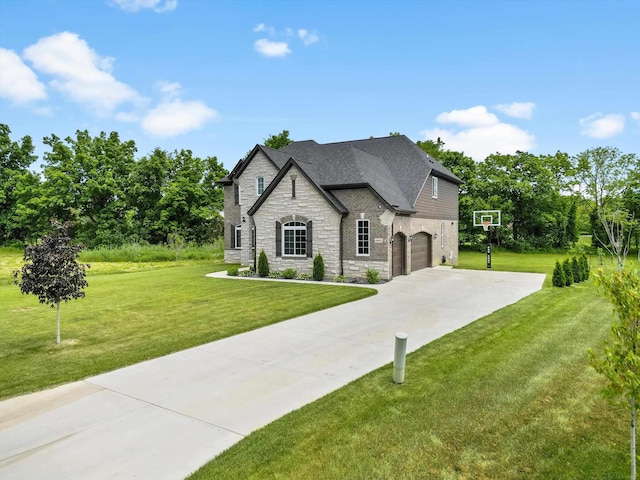 4661 Applewood Ct, Rochester, MI 48306 - french country inspired facade featuring stone siding, driveway, a front yard, a garage, and roof with shingles