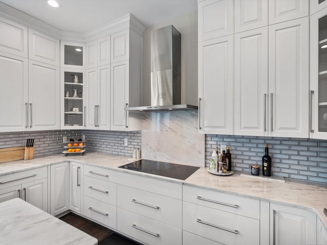 4661 Applewood Ct, Rochester, MI 48306 - kitchen featuring wall chimney exhaust hood, black electric stovetop, white cabinets, and recessed lighting