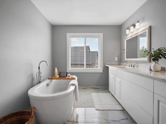 4661 Applewood Ct, Rochester, MI 48306 - full bath with marble tiled flooring, vanity, and a freestanding tub
