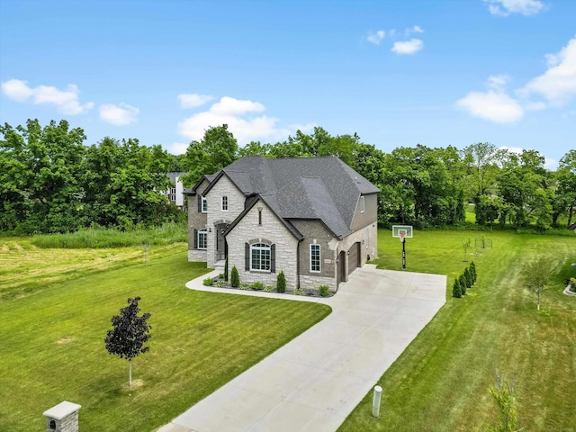 4661 Applewood Ct, Rochester, MI 48306 - french country home featuring stone siding, driveway, a front lawn, a garage, and a shingled roof