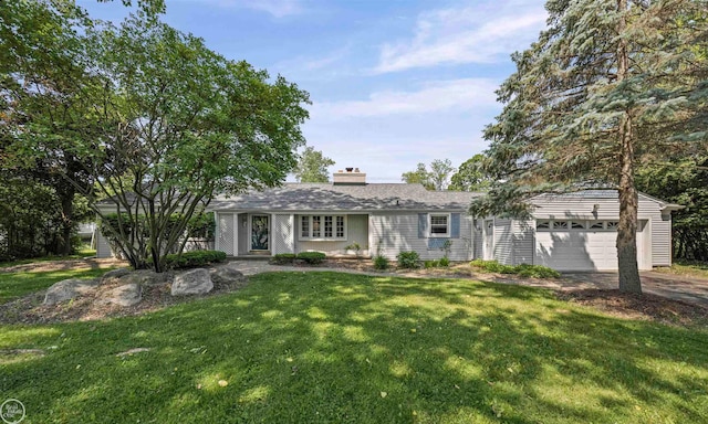 5541 Houghten Dr, Troy, MI 48098 - ranch-style home featuring a garage, a front yard, driveway, and a chimney
