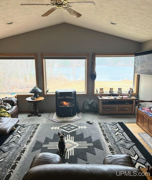 790 N Horseshoe Lake Dr, Gwinn, MI 49841 - carpeted living area with vaulted ceiling, ceiling fan, and a wood stove