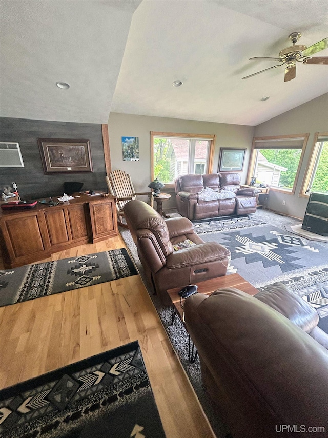 790 N Horseshoe Lake Dr, Gwinn, MI 49841 - living room featuring lofted ceiling, ceiling fan, wood finished floors, and recessed lighting
