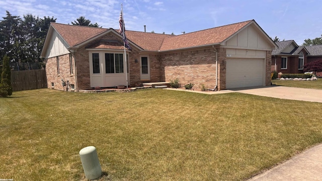 51767 Huntley Ave, New Baltimore, MI 48047 - view of front of house with brick siding, concrete driveway, a garage, roof with shingles, and board and batten siding