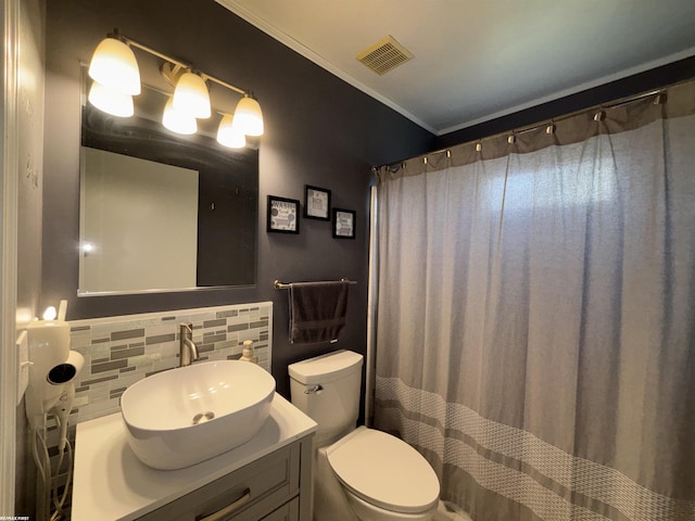 51767 Huntley Ave, New Baltimore, MI 48047 - bathroom featuring vanity, crown molding, a shower with shower curtain, and backsplash