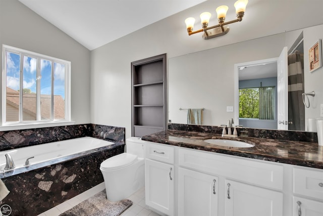 52047 Sycamore Dr, Chesterfield, MI 48047 - full bathroom featuring lofted ceiling, vanity, a bath, and tile patterned flooring