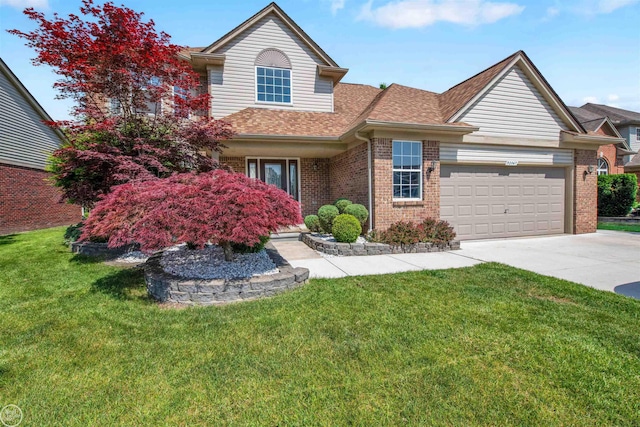 52047 Sycamore Dr, Chesterfield, MI 48047 - traditional-style house with brick siding, concrete driveway, a garage, a front lawn, and a shingled roof
