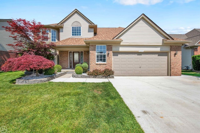 52047 Sycamore Dr, Chesterfield, MI 48047 - traditional home with brick siding, concrete driveway, an attached garage, a front yard, and roof with shingles