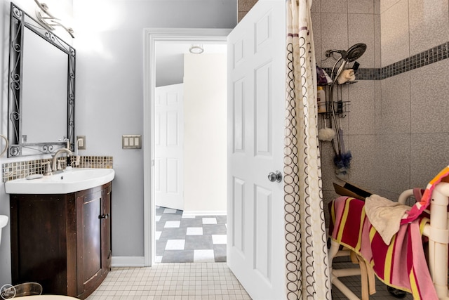 52047 Sycamore Dr, Chesterfield, MI 48047 - bathroom featuring vanity, decorative backsplash, and a shower with shower curtain