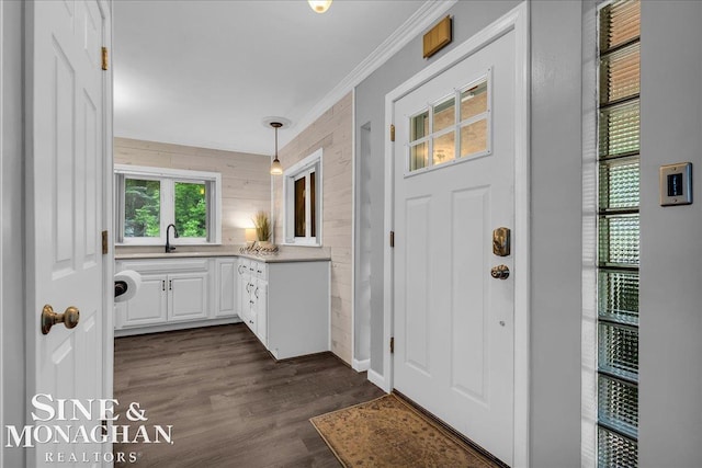 2727 Horseshoe Lake Rd, West Branch, MI 48661 - foyer featuring plenty of natural light, dark wood-style floors, and crown molding