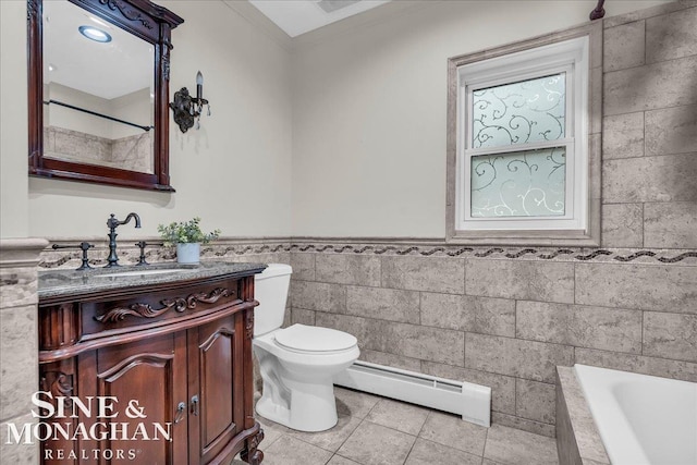 2727 Horseshoe Lake Rd, West Branch, MI 48661 - bathroom with baseboard heating, tile walls, tile patterned flooring, a relaxing tiled tub, and vanity