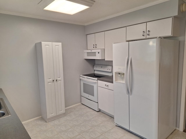 4130 Elmhurst Rd, Waterford, MI 48328 - kitchen with white appliances, crown molding, white cabinets, and dark countertops