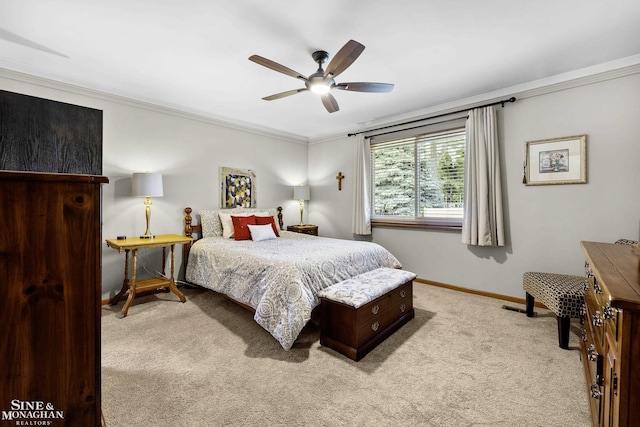 23875 Settlers Dr, Macomb Twp, MI 48042 - bedroom with light colored carpet, crown molding, and a ceiling fan