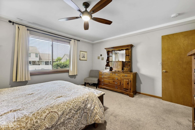 23875 Settlers Dr, Macomb Twp, MI 48042 - bedroom with light colored carpet, ceiling fan, and crown molding